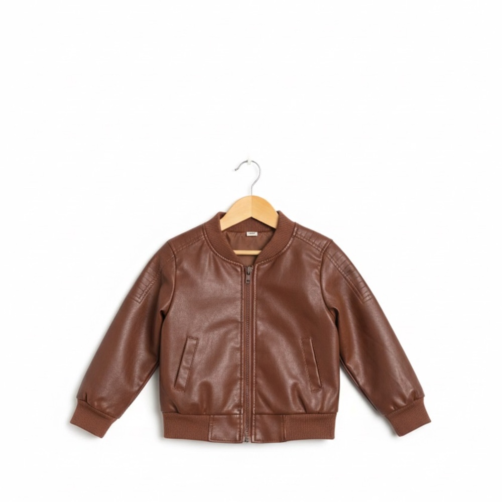Size 3T brown luggage rust Faux Leather Bomber Kids Jacket zipper fall spring